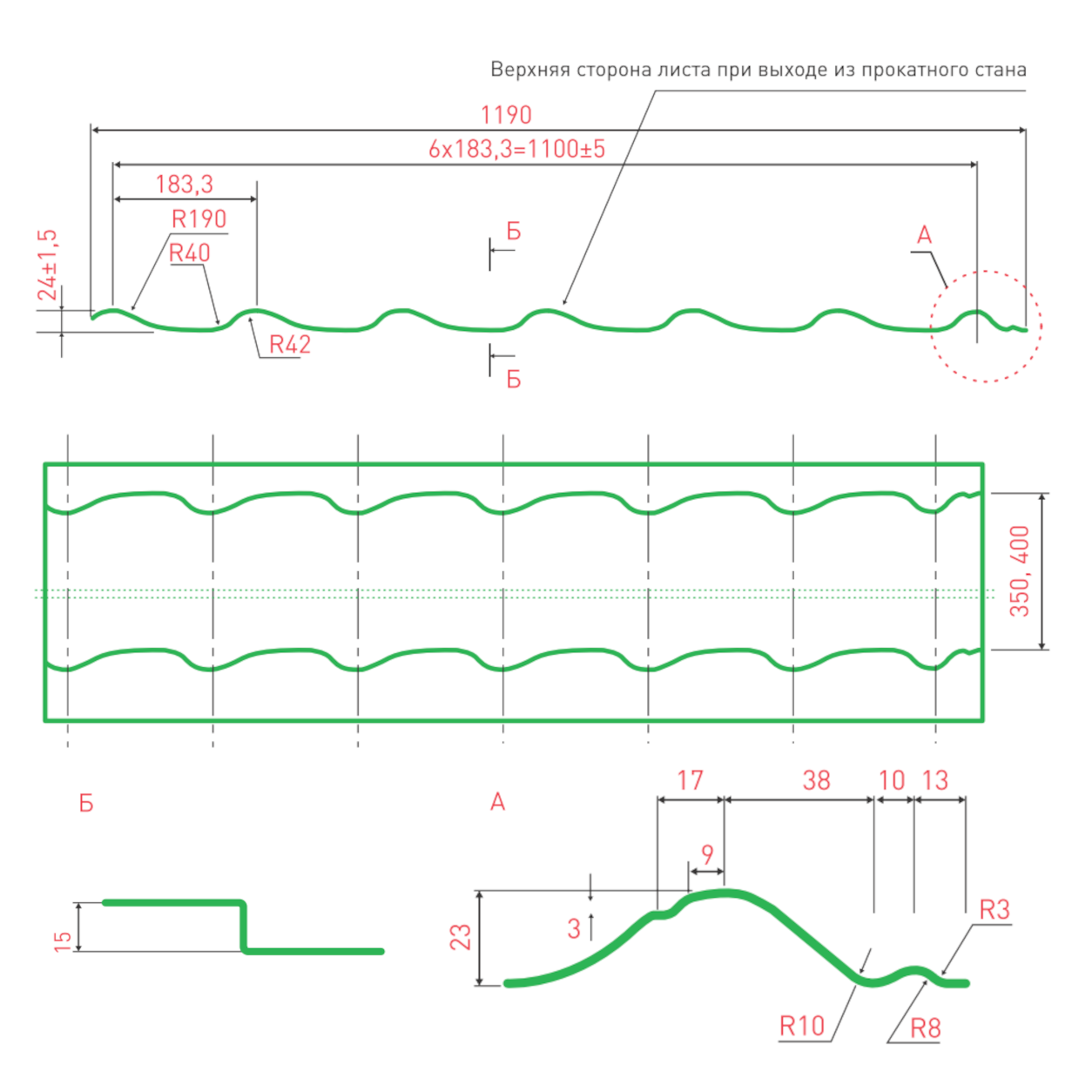 Профиль металлический типа "Монтеррей"-15 RAL 3005 (Стандарт) *1190*
